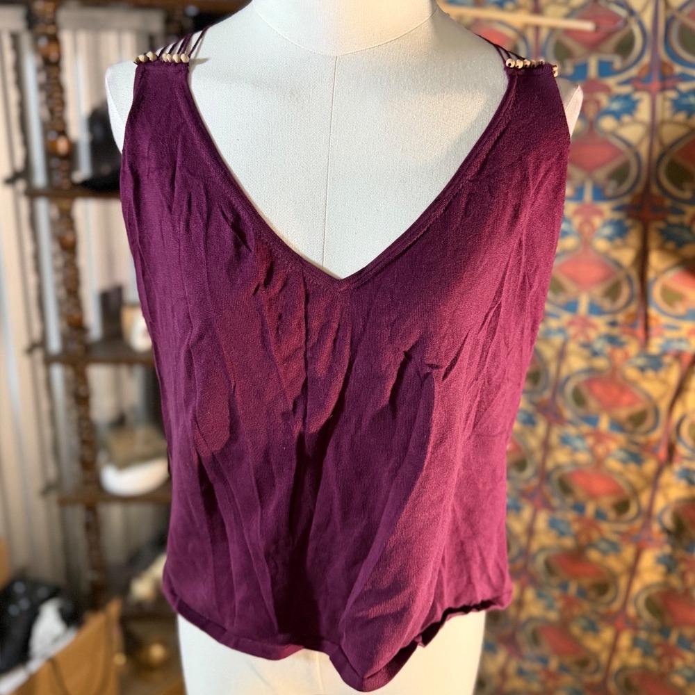 New York & Company Silk Blend Beaded‎ Macrame Back V-Neck Top Plum Purple XL